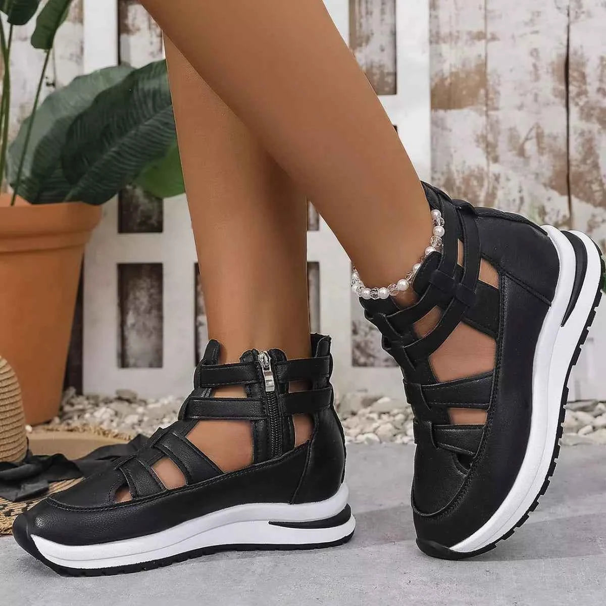 Sarah Express Women's Cutout Platform Sneakers | Low Heel PU Leather Shoes