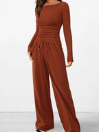 Sarah Express Women's Long Sleeve Top and Wide Leg Pants Set - Two Piece Outfit