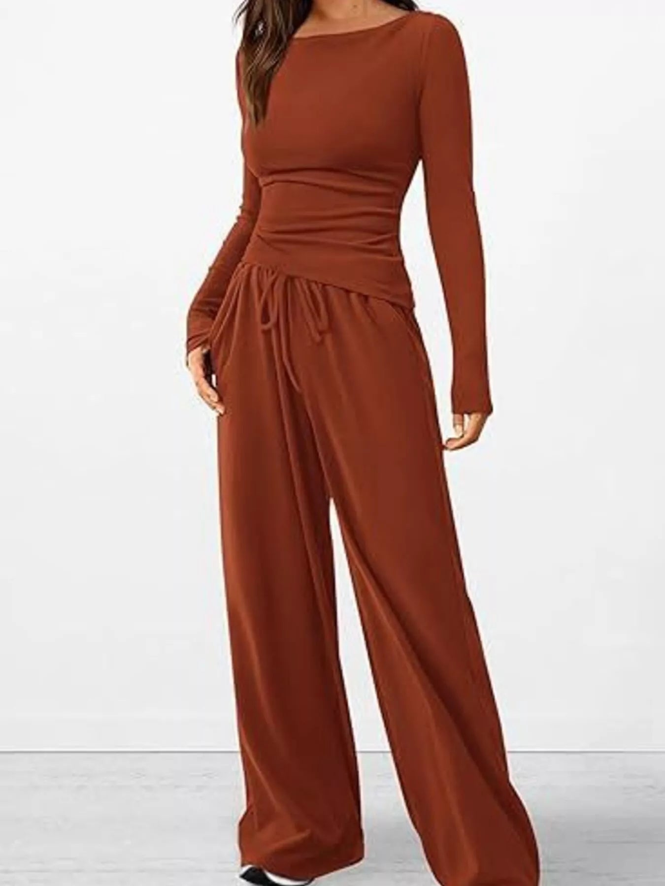 Sarah Express Women's Long Sleeve Top and Wide Leg Pants Set - Two Piece Outfit