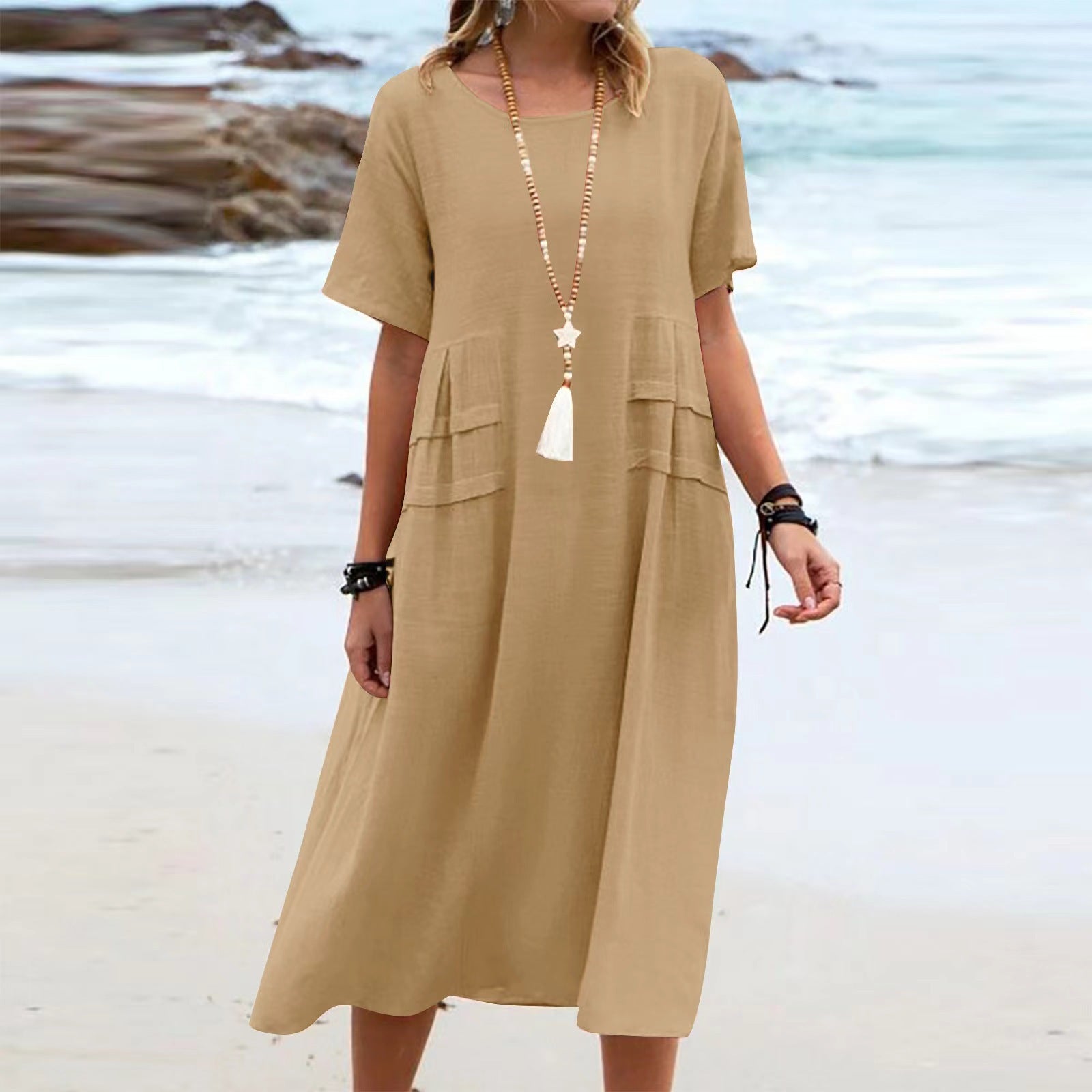 Women's Loose Casual Midi Dress Short Sleeve Summer Beach Cotton Linen Style