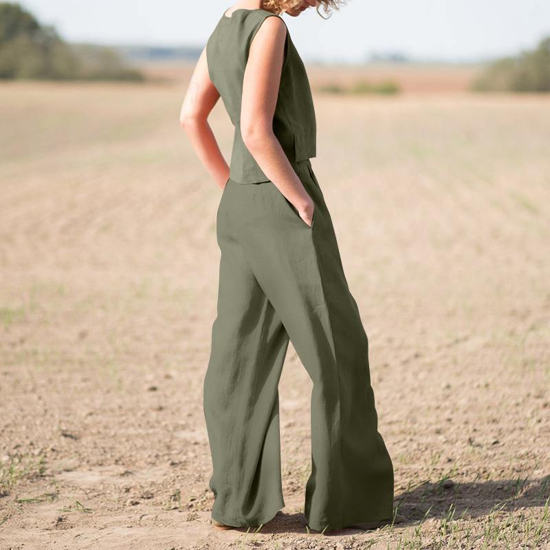 Cotton Linen Loose Two-Piece Set Top and Pants