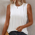 Round Neck Pleated Tank Top Sleeveless Loose Fit Button Detail