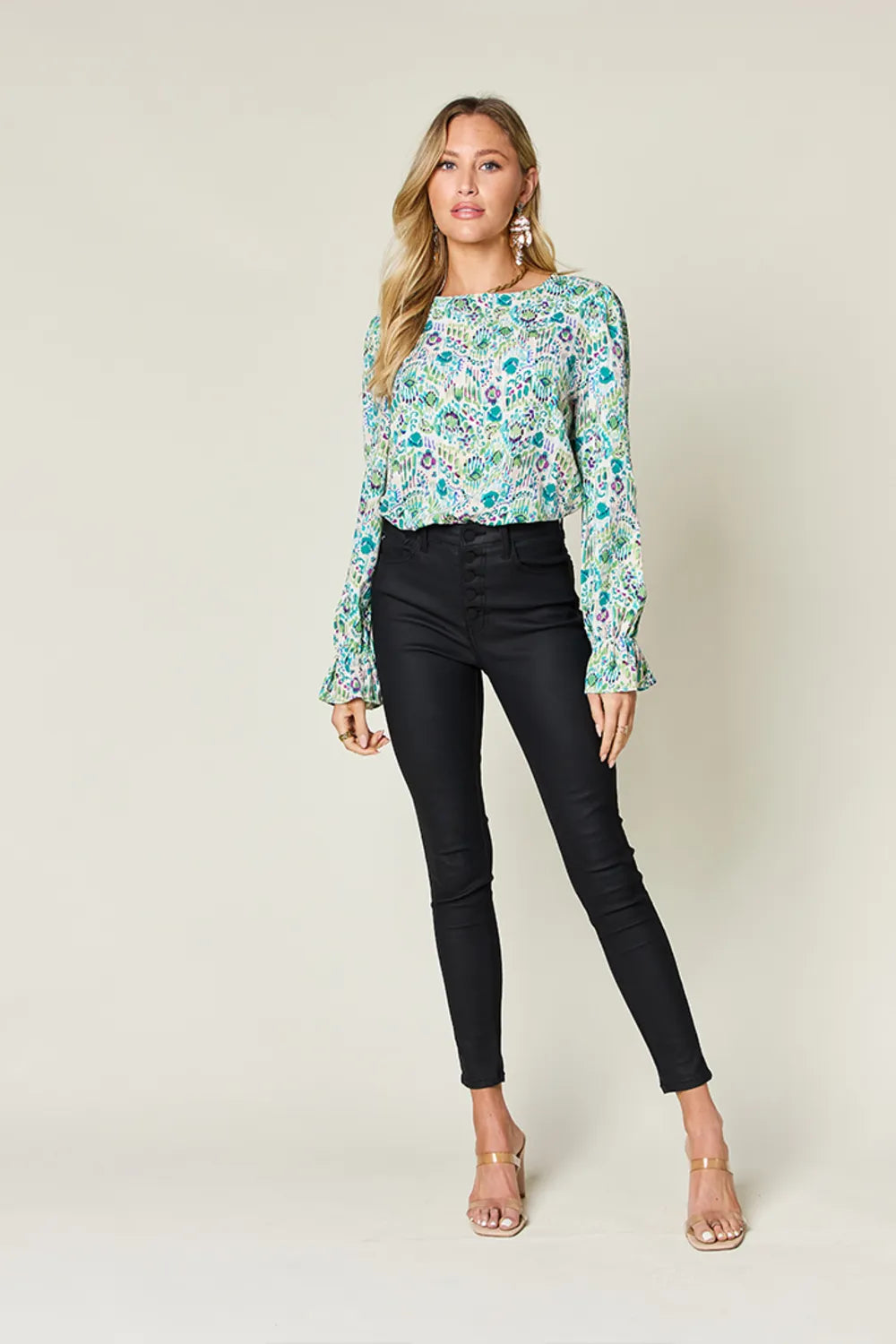Sarah Express Women's Printed Flounce Sleeve Blouse - Basic Style Top