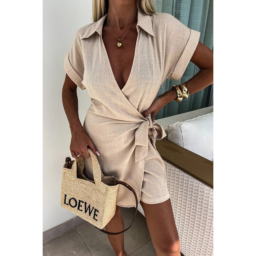 Lace-Up Collar Jumpsuit Romper Shorts Casual Vacation One Piece