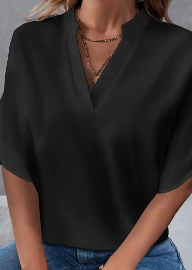 Notch Neck Blouse Split Sleeves Lightweight Summer