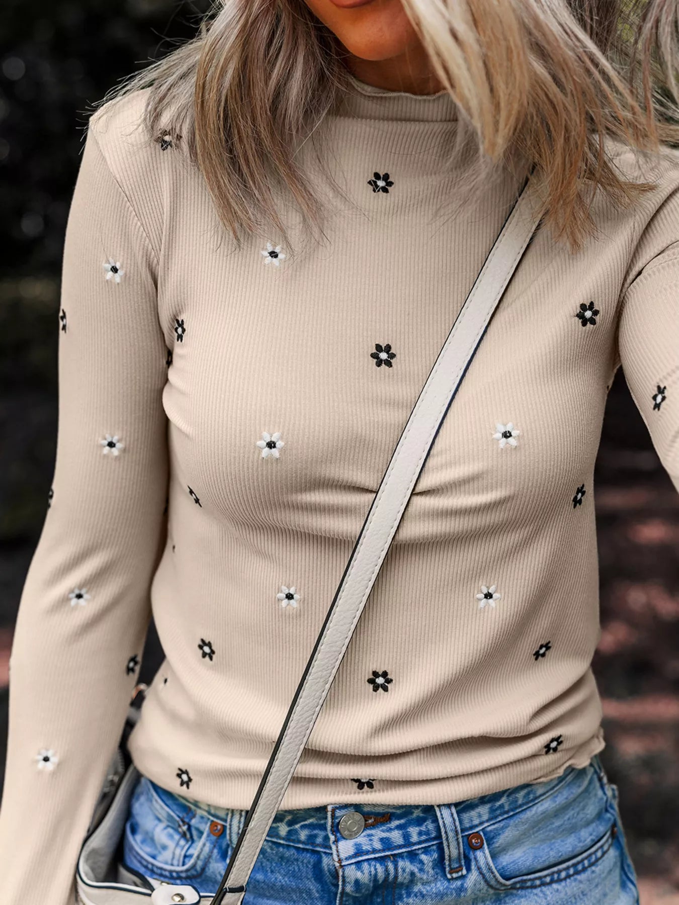 Sarah Express Women's Floral Embroidered Ribbed Long Sleeve Top