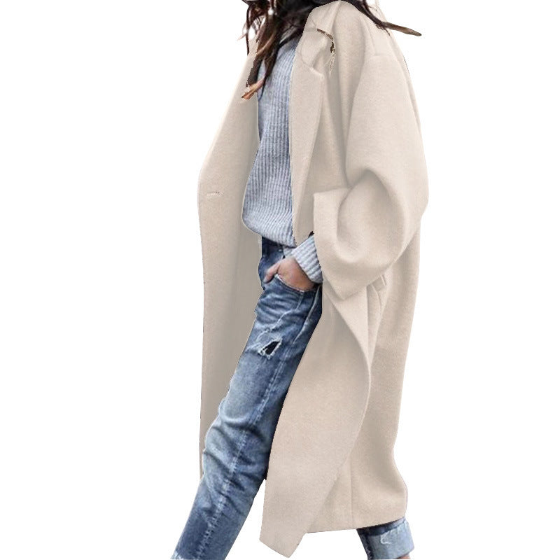 Women's Single Breasted Woolen Lapel Coat with Pockets Long Winter Jacket