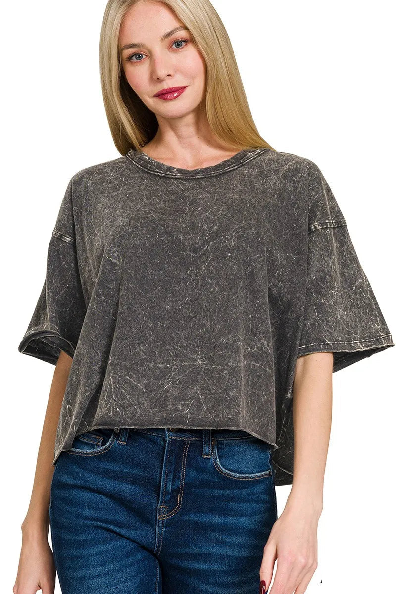 Sarah Express Women’s Oversized Acid Wash Cropped T-Shirt with Raw Hem