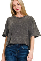 Sarah Express Women’s Oversized Acid Wash Cropped T-Shirt with Raw Hem