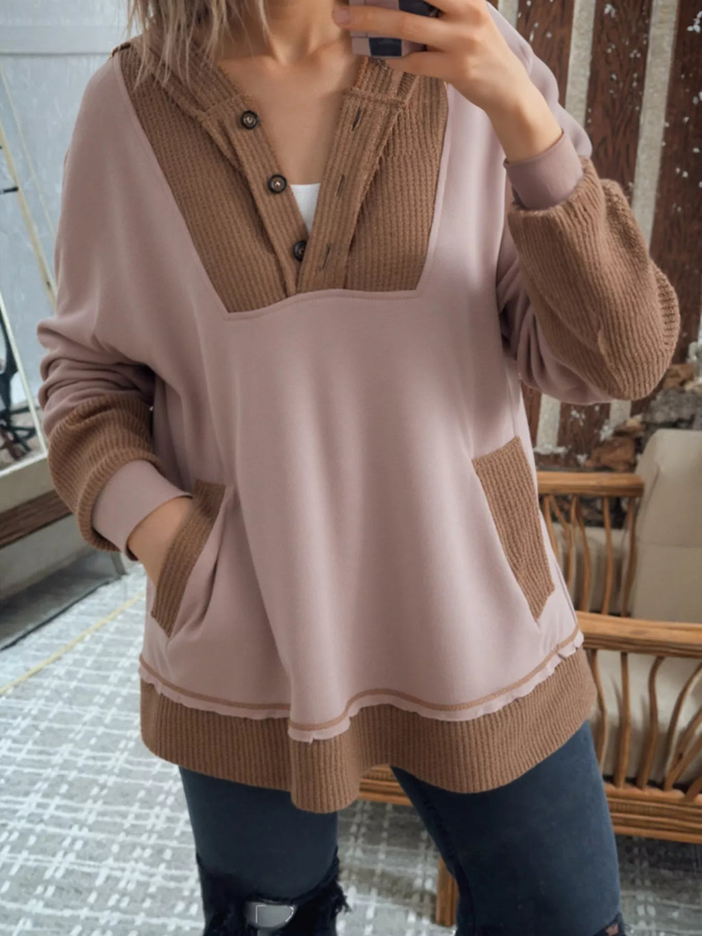 Sarah Express Women's Oversize Waffle Patchwork Exposed Seam Casual Hoodie Taupe