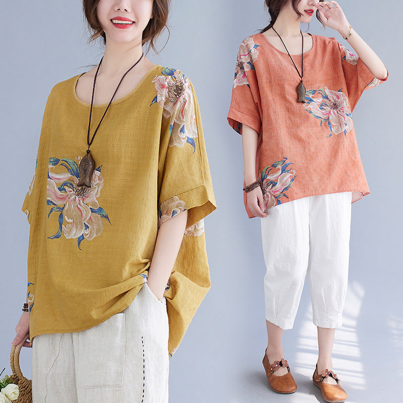 Women's Cotton Linen Printed Top Oversized Short Sleeve Summer Casual Relaxed Fit