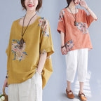 Women's Cotton Linen Printed Top Oversized Short Sleeve Summer Casual Relaxed Fit
