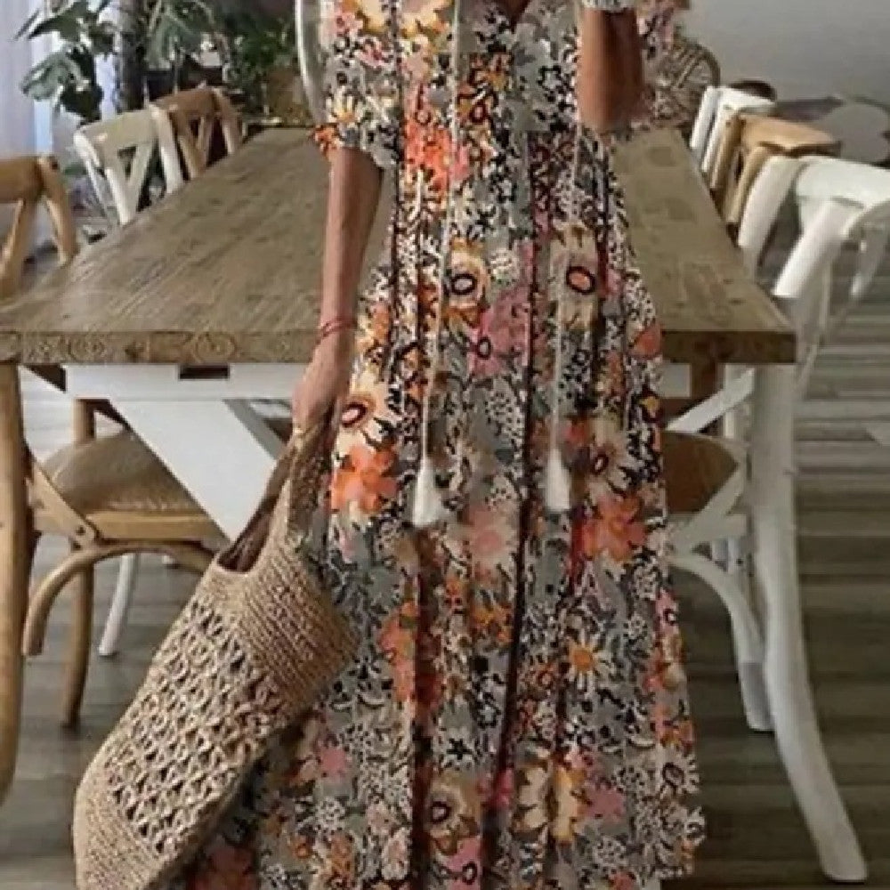 Women's Floral Print V-Neck Maxi Dress Short Sleeve A-Line Pullover