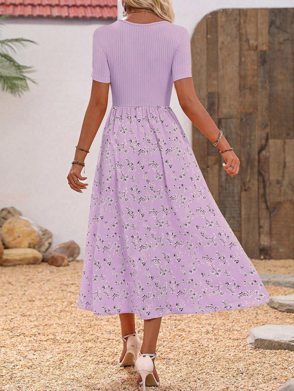 Sarah Express Women's High Waist A-Line Short Dress V-Neck Batwing Sleeve Colorblock Casual Mini Dress with Lace Detail