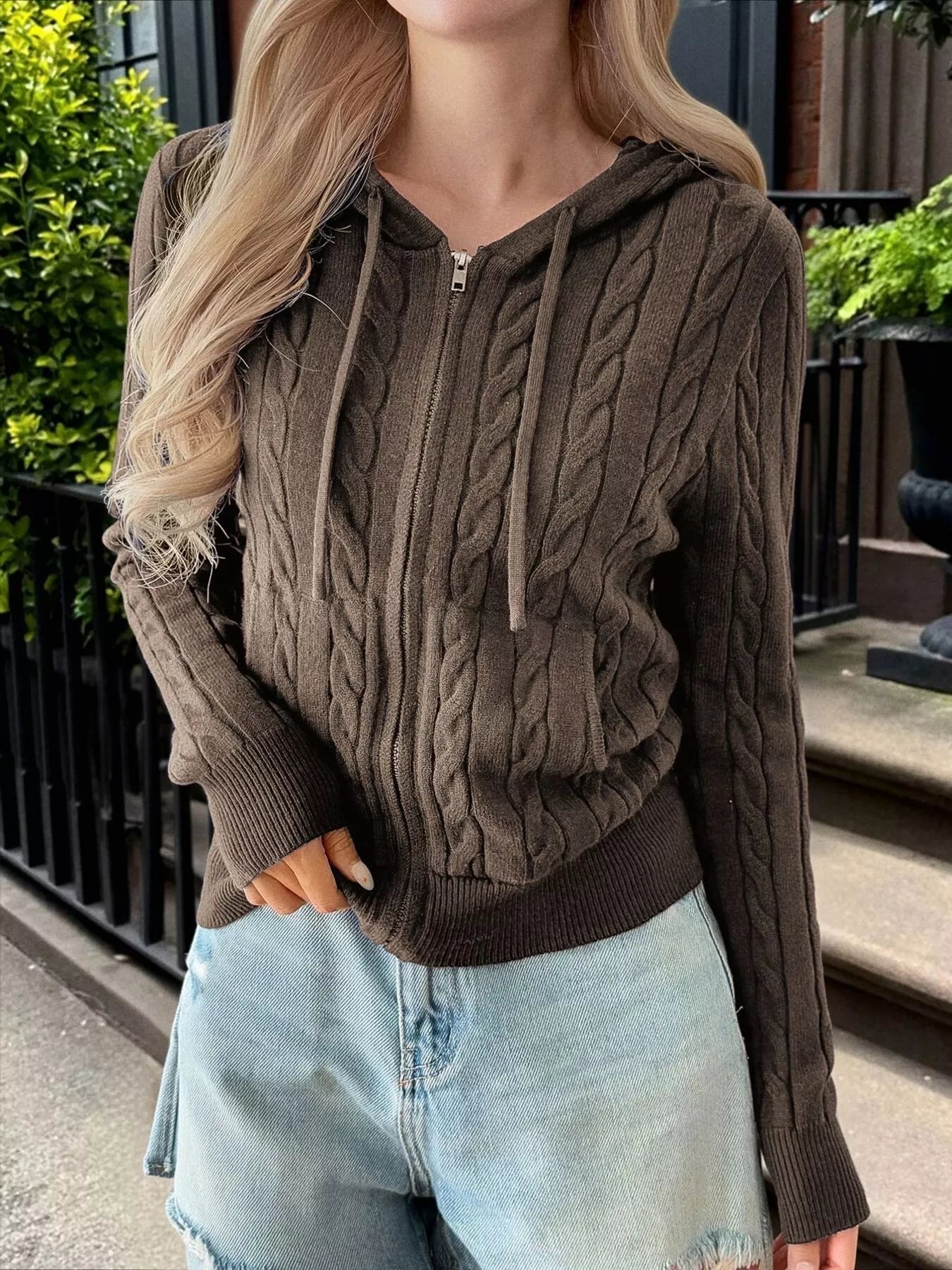 Sarah Express Women's Cozy Cable-Knit Zip-Up Cardigan Brown