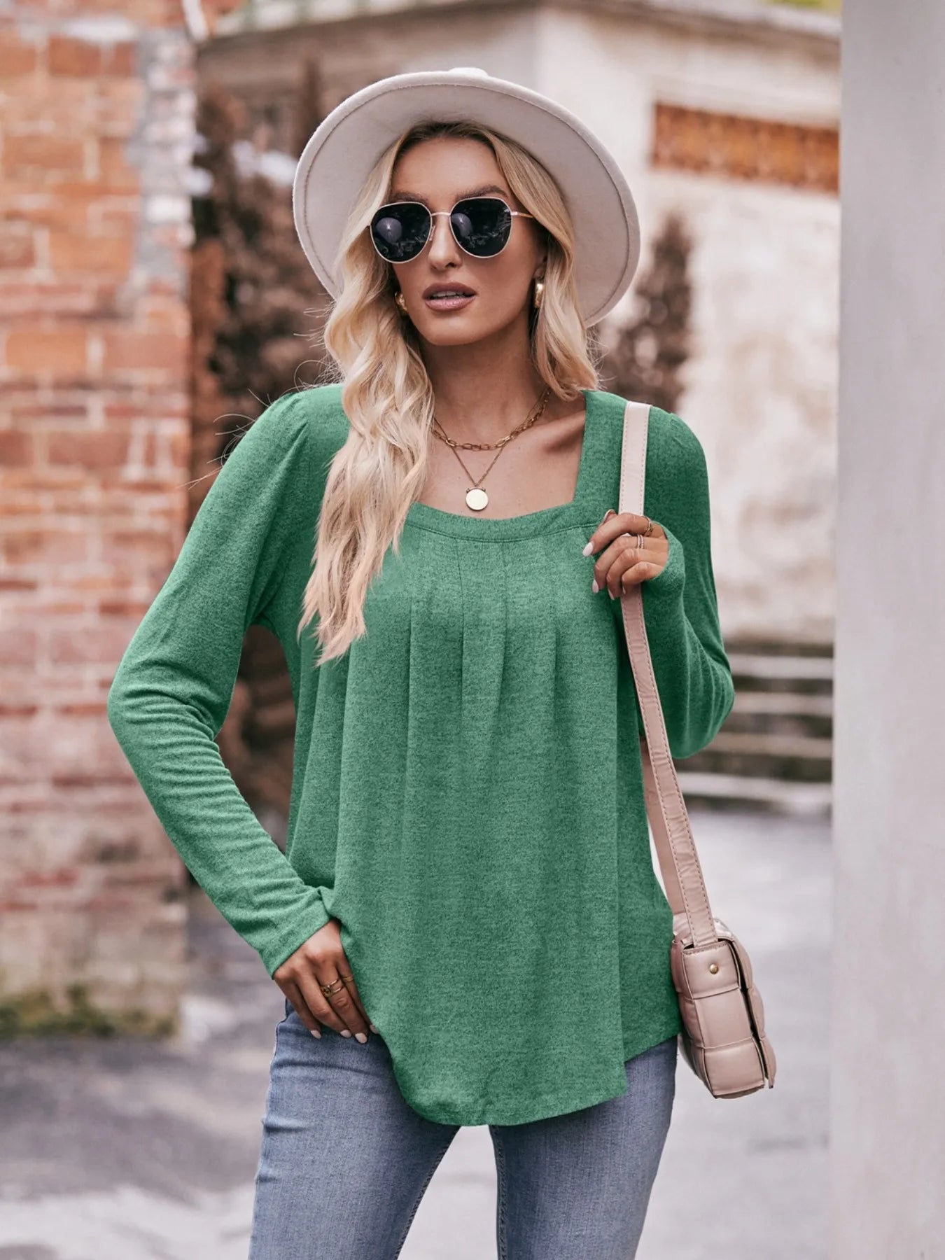 Sarah Express Women's Square Neck Long Sleeve T-Shirt - Ruched Design Green