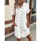 V-Neck Button Front Shirt Dress - A-Line Short Sleeve Women's Dress