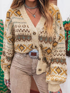 Sarah Express Women's Western Pattern Knitted Button V Neck Cardigan Sweater Tan