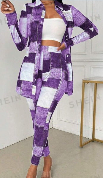 Knit Denim Effect Shirt Collar Top Pants Matching Set Long Sleeve