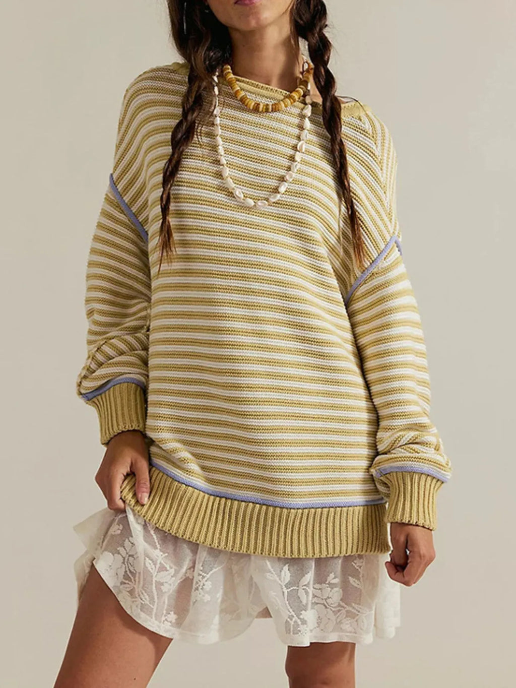 Sarah Express Women's Slit Striped Oversized Sweater Yellow