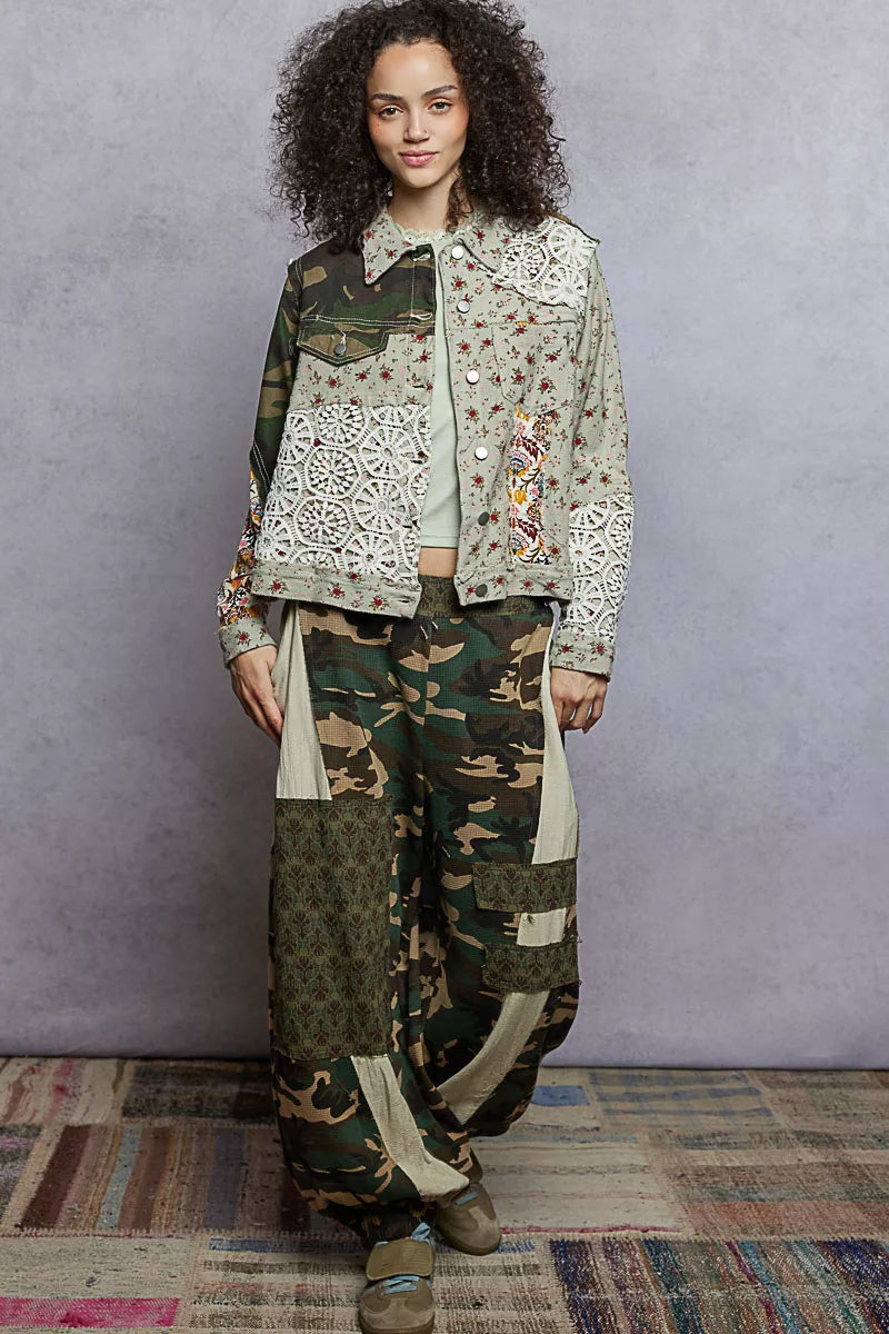 Sarah Express Women's Floral Printed French Terry Jacket with Crochet Contrast