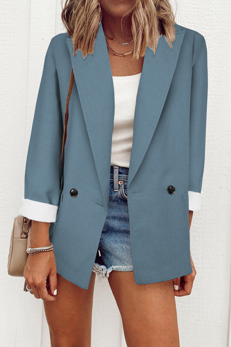 Women's Double-Breasted Blazer Loose Fit Suit Collar Long Sleeve Jacket