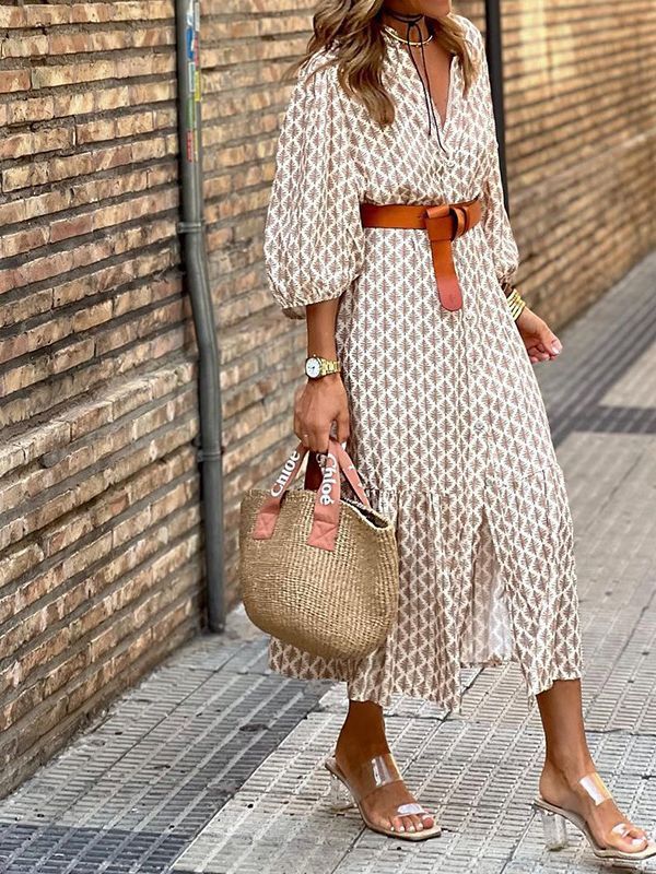 Floral V-Neck Puff Sleeve Maxi Dress A-Line
