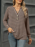 Sarah Express Women's Striped Henley T-Shirt with Button Detail