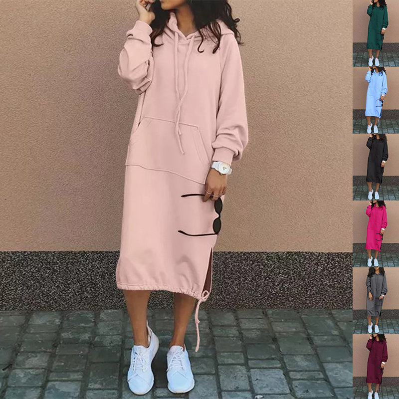 Women's Hooded Sweatshirt Dress Long Sleeve Midi Casual Pockets