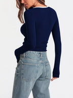 Sarah Express Women's Contrast Trim Long Sleeve Top