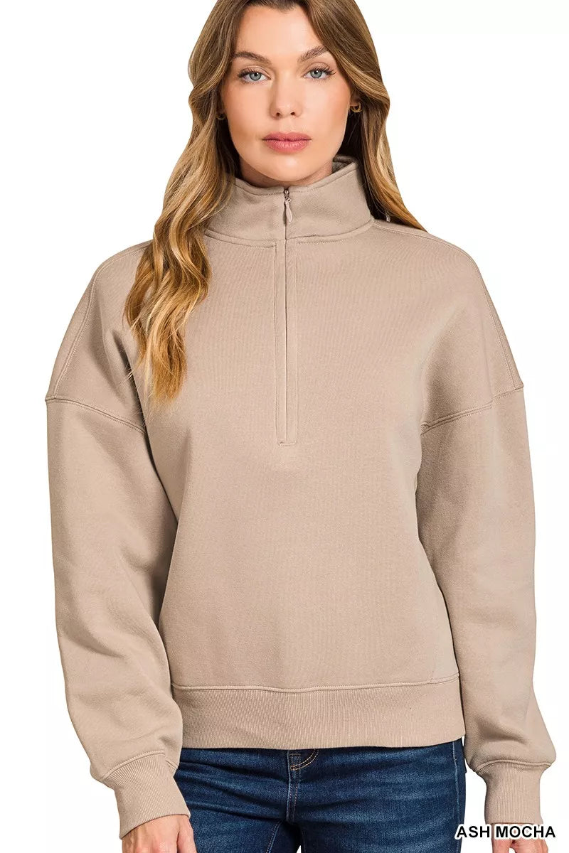 Women's ash mocha fleece half zip sweatshirt with high collar and ribbed cuffs