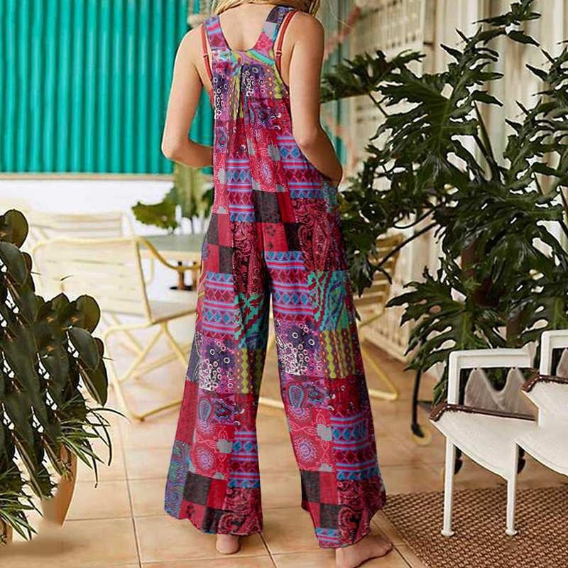 Women's Ethnic Print Jumpsuit Suspender Sleeveless Button Front