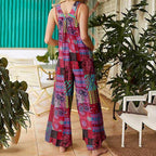 Women's Ethnic Print Jumpsuit Suspender Sleeveless Button Front