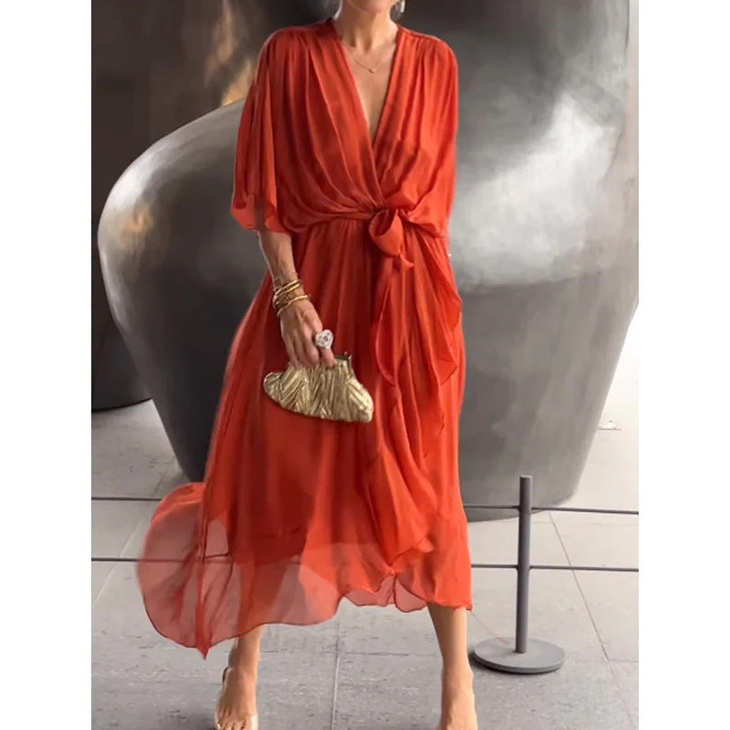 Women's Batwing Sleeve V-Neck Dress Summer Tie Detail Irregular Hem Mid-Length Fairy Dress