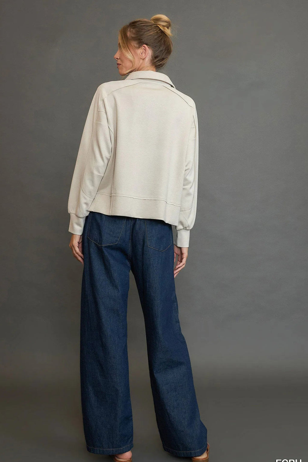 Sarah Express Women’s Collared Long Sleeve Top with Raw Hem and Exposed Seam