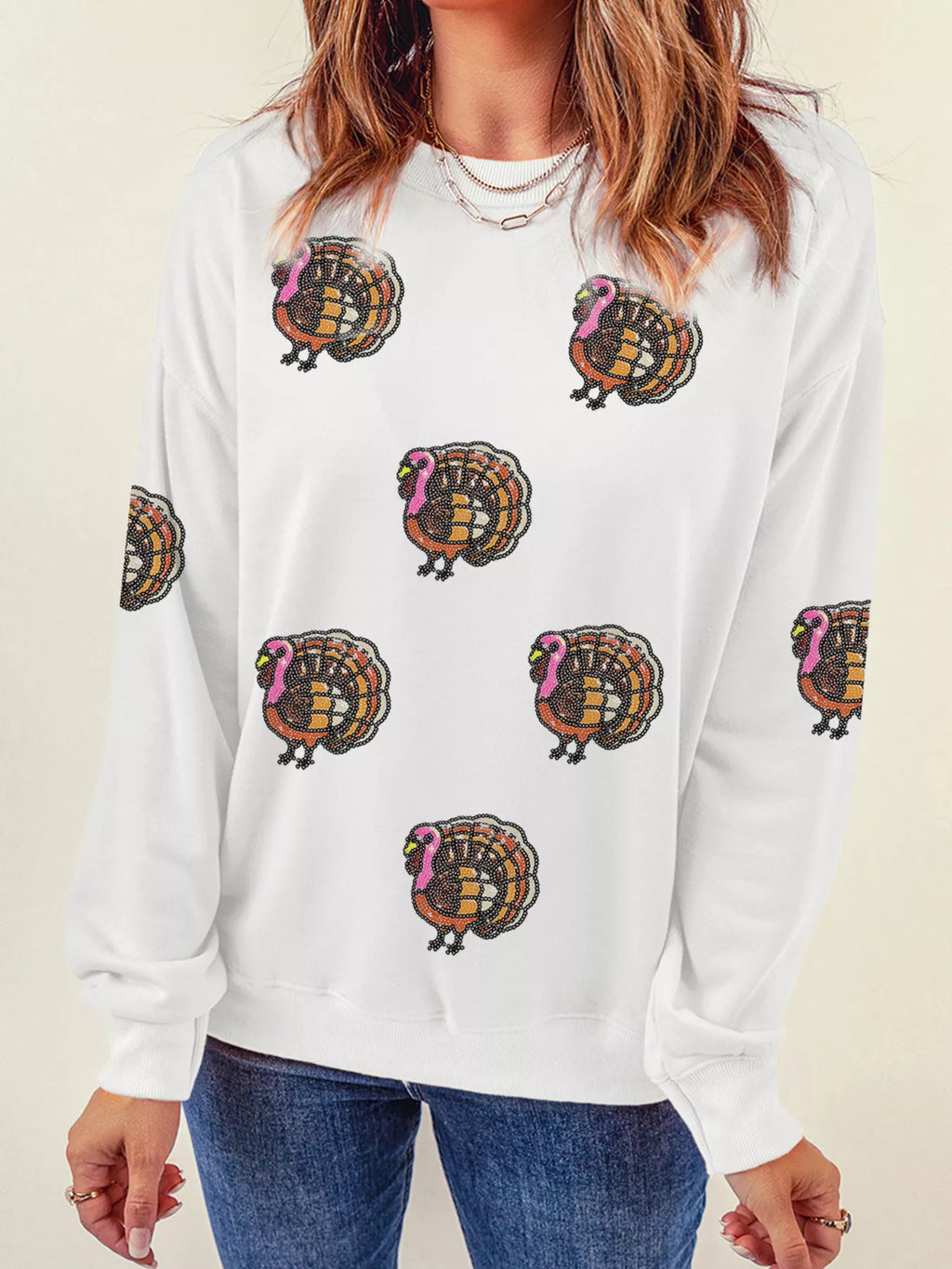 Sarah Express Women's Thanksgiving Turkey Sequin Patched Sweatshirt White