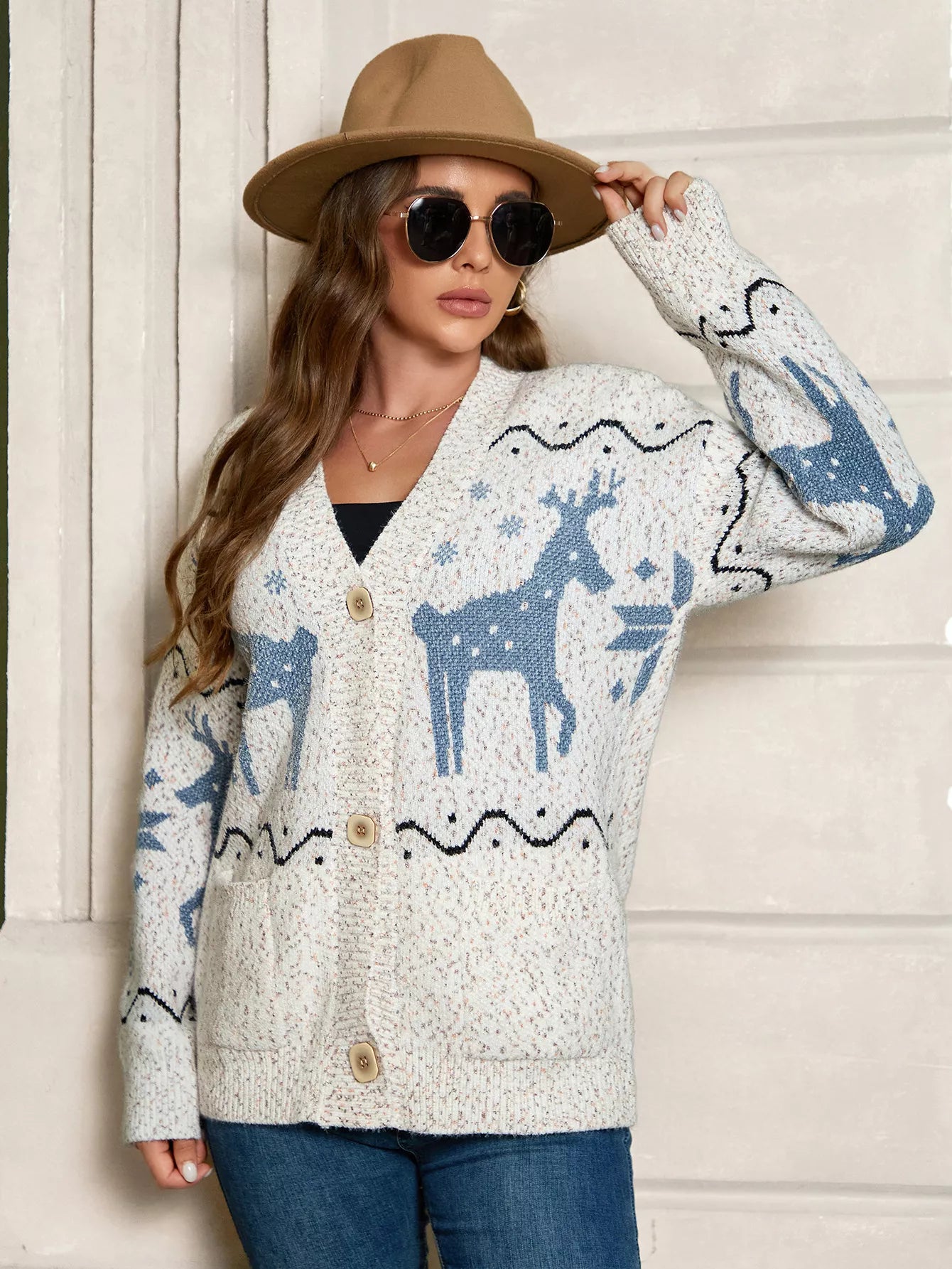 Sarah Express Women's Reindeer Pattern Knit Cardigan