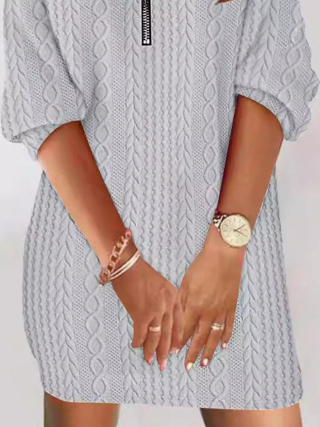 Sarah Express Women's Zip Detail Textured Cable Knit Mini Sweater Dress