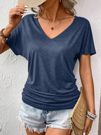 Women's V-Neck Ruched T-Shirt - Solid Color Short Sleeve Casual Knit Top