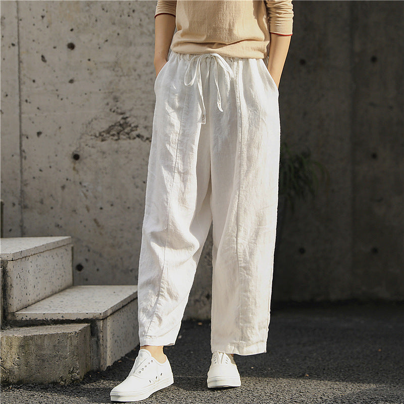 Women's Linen Cropped Pants - Washed Artistic Baggy Trousers with Embroidery & Belt