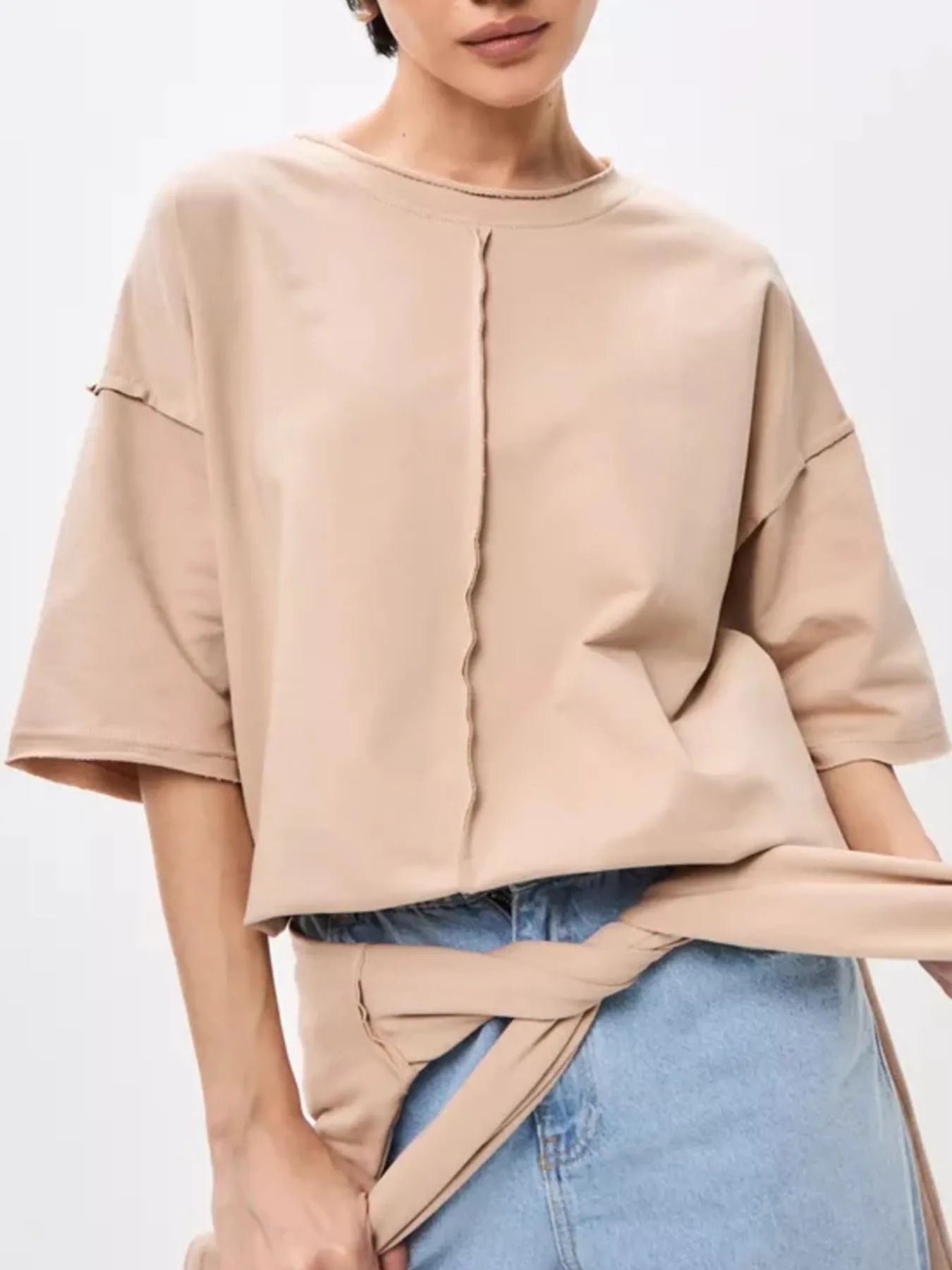 Sarah Express Women's Round Neck Half Sleeve T-Shirt - Oversized Basic Style Khaki