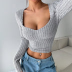 Women's Cropped Long Sleeve Striped Brushed Top