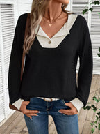 Sarah Express Women's Ribbed Knit Two-Tone Button Front Top