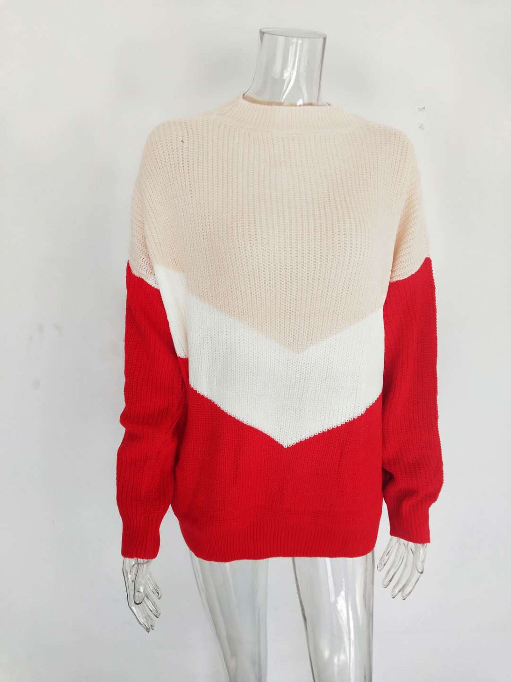 Tricolor Patchwork Knit Sweater Color Block Acrylic