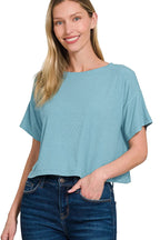 Sarah Express Women's Ribbed Crop T-Shirt | Round Neck Oversized | Rayon Spandex | S-L