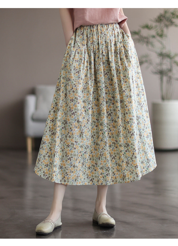Floral Print Cotton Midi Skirt Elastic Waist Women's