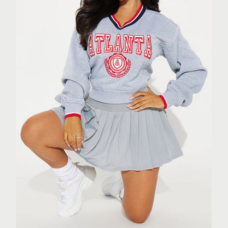 Women's Letter Print V-Neck Sweater Pleated Skirt Two-Piece Set