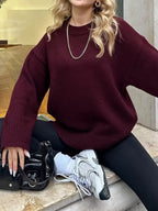 Sarah Express Women's Ribbed Round Neck Dropped Shoulder Sweater