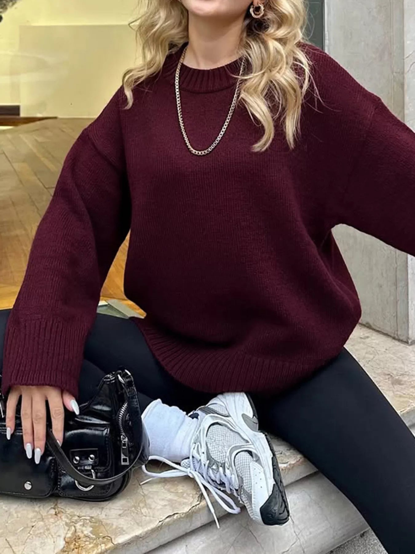 Sarah Express Women's Ribbed Round Neck Dropped Shoulder Sweater