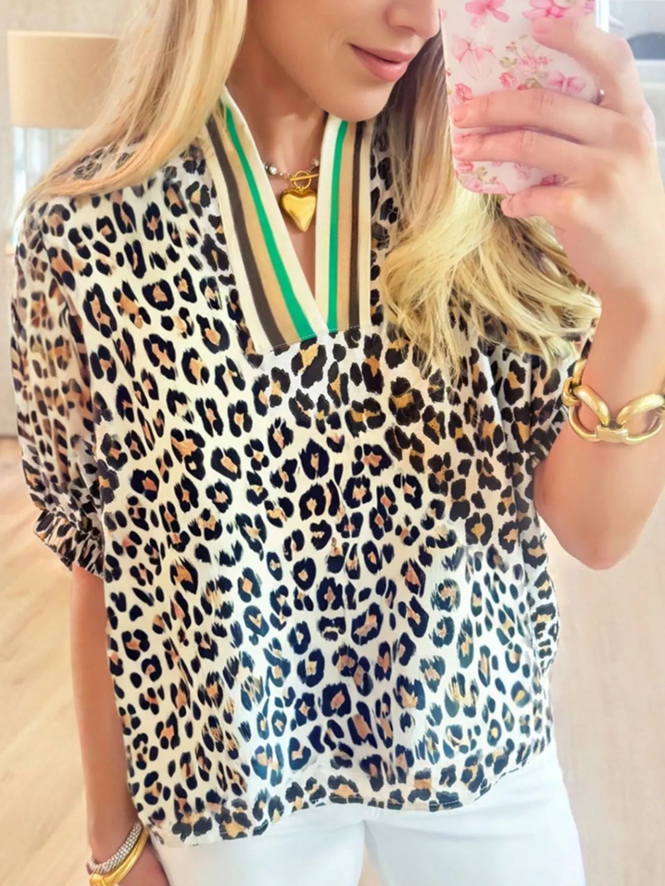 Sarah Express Women's Leopard Print Notched Blouse with Striped Trim